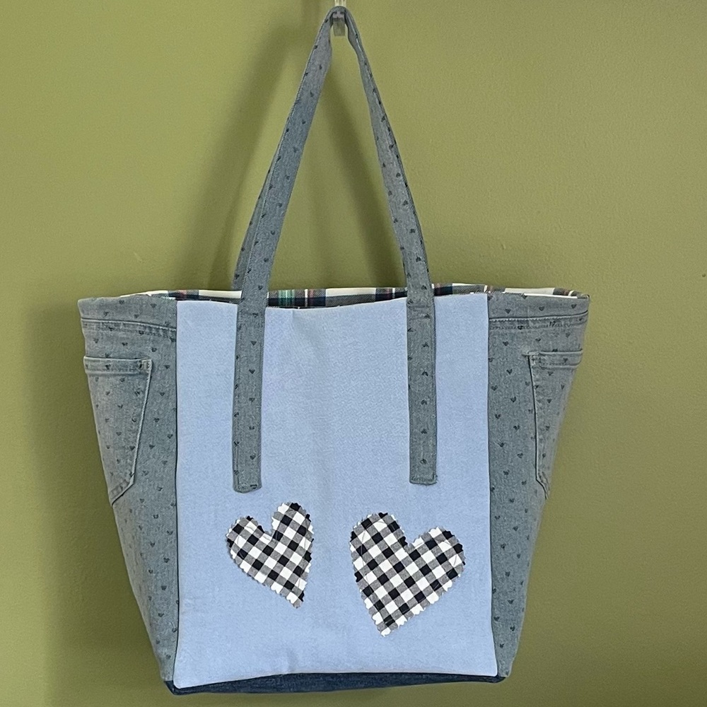 Handmade One Of A Kind Denim Heart Accents Upcycled Fabric Shoulder Tote Bag 💙 - Picture 5 of 11